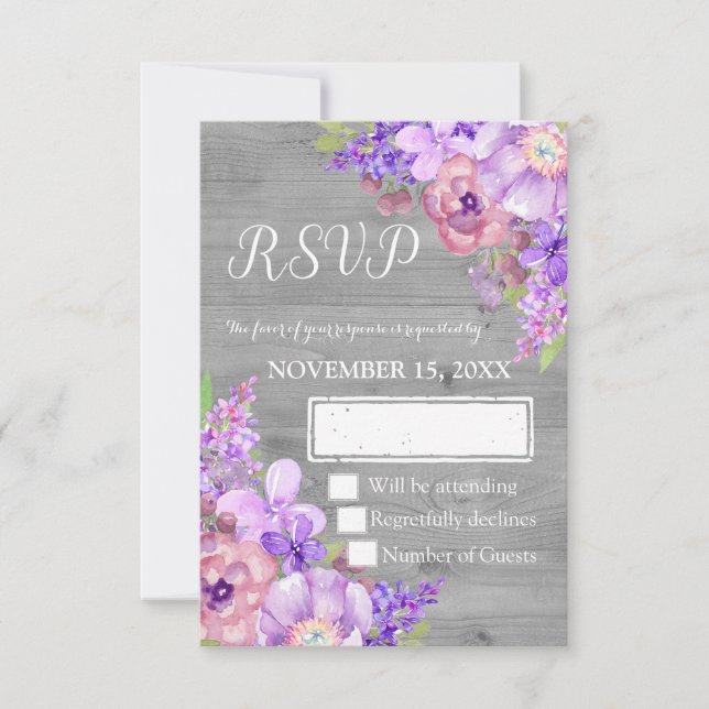 Vintage Wood Purple Floral Wedding RSVP Card (Front)