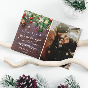 Vintage Wood Seasons Greetings Photo Holiday Card
