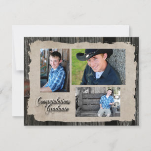Vintage Wood Three Photo Graduation Announcement