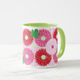 Vintage Woodblock Pink & Red Flower Blossoms Mug