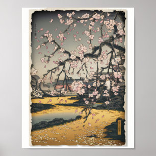 Vintage Woodblock Sakura Scene Poster