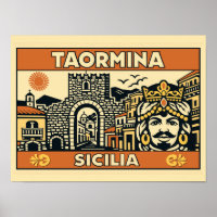 Vintage Woodcut Taormina Sicily Poster