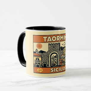 Vintage Woodcut Taormina Sicily Poster  Mug
