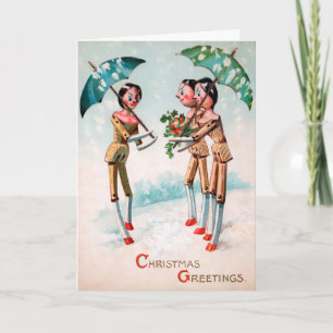 Vintage Wooden Dolls with Umbrellas Holiday Card