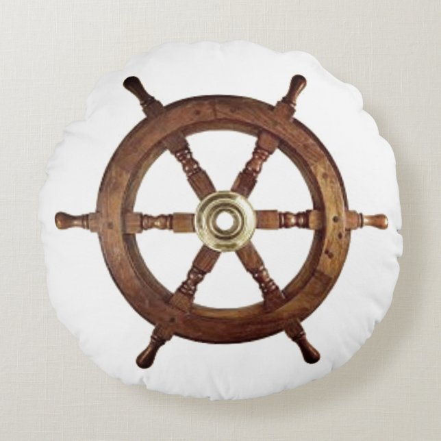 Vintage Wooden Ship Wheel Round Pillow (Front)