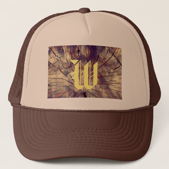 Vintage wooden tree trunk background customisable  trucker hat (Front)