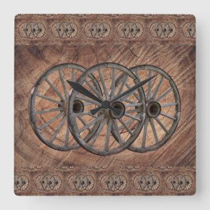 Vintage Wooden Wagon Wheels Square Wall Clock
