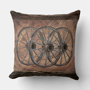 Vintage Wooden Wagon Wheels Throw Pillow