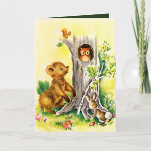 Vintage woodland animals add message greeting card