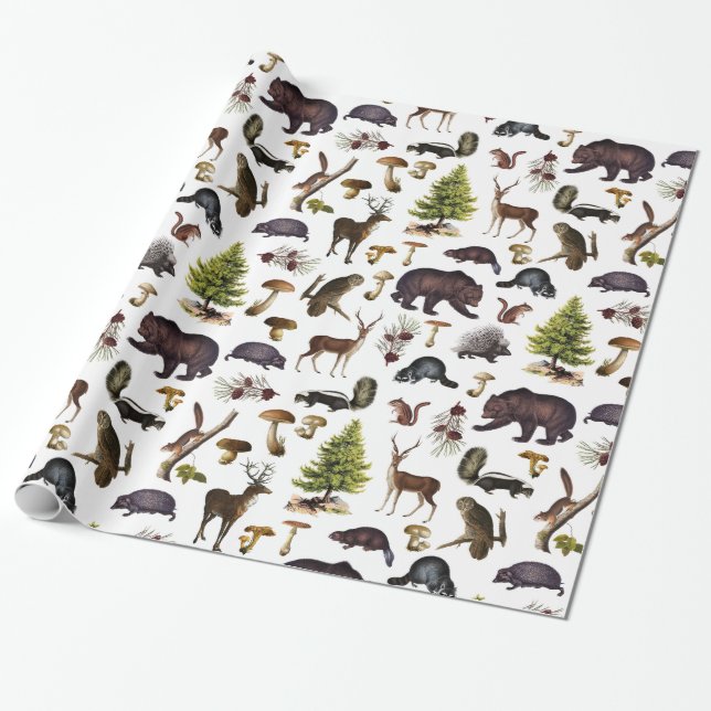 Vintage Woodland Animals Wrapping Paper (Unrolled)