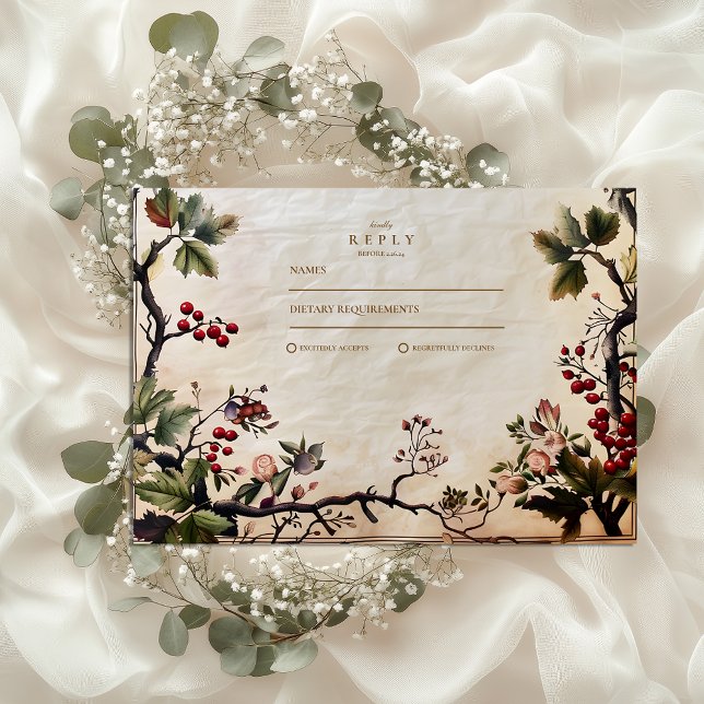Vintage Woodland Berry Wedding RSVP Card (Creator Uploaded)