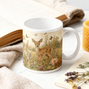 Vintage Woodland Botanical Deer Cottagecore Large Coffee Mug