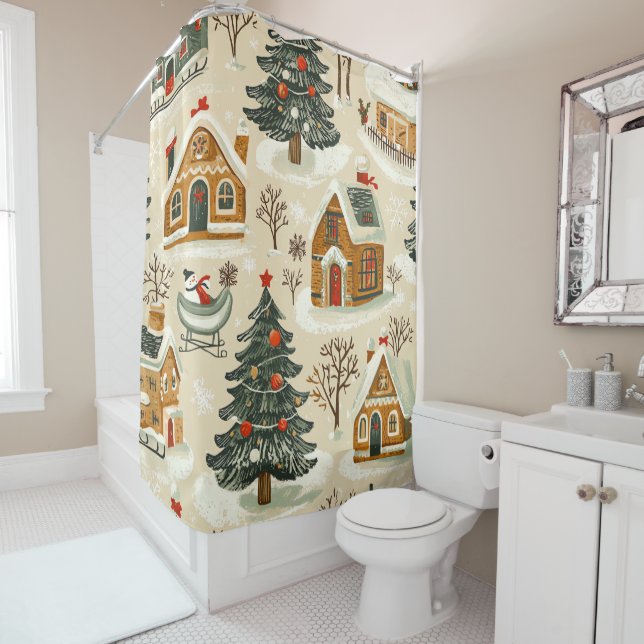Vintage Woodland Christmas Pattern (15) Shower Curtain (In Situ)