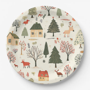 Vintage Woodland Christmas Pattern (16) Paper Plate