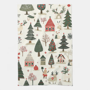 Vintage Woodland Christmas Pattern (17) Tea Towel