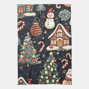 Vintage Woodland Christmas Pattern (5) Tea Towel