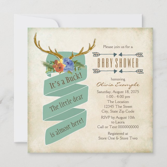 Vintage Woodland Deer Antler Baby Shower Invitation (Front)