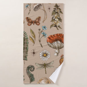 Vintage woodland nature seamless pattern. Amanita  Bath Towel
