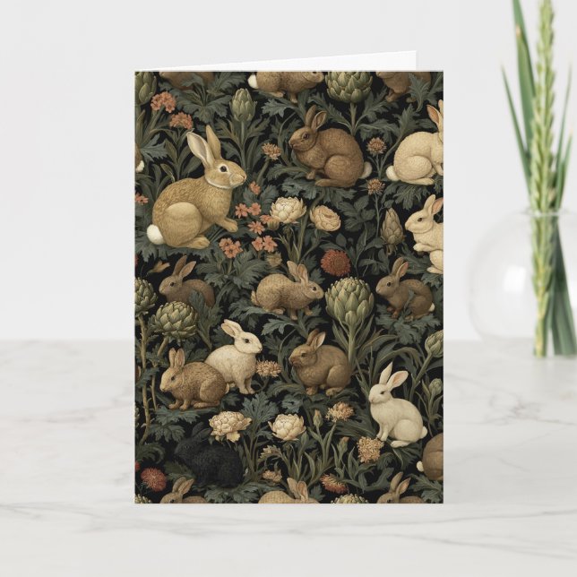 Vintage Woodland Rabbit Pattern Dark Botanical Card (Front)