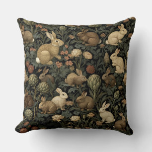 Vintage Woodland Rabbit Pattern Dark Botanical Cushion