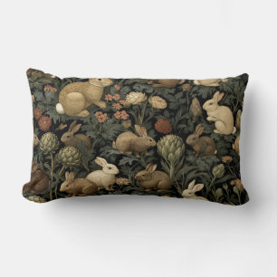 Vintage Woodland Rabbit Pattern Dark Botanical Lumbar Cushion