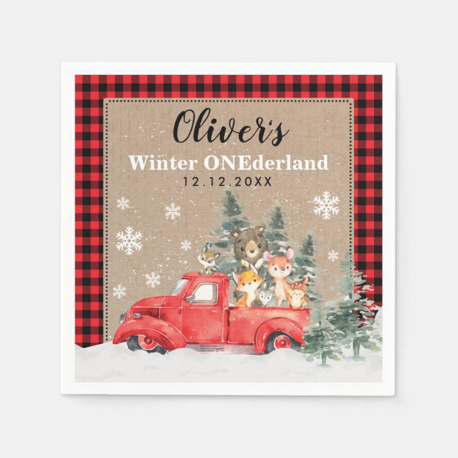 Vintage Woodland Winter ONEderland Animals Party Napkin (Front)