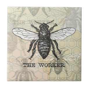 Vintage Worker Bee Illustration Art Tile