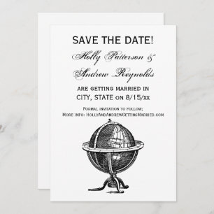 Vintage World Globe Lithograph Drawing BW Invitation