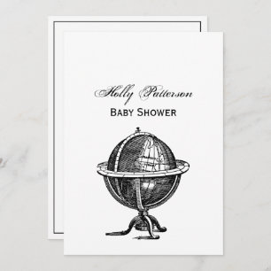 Vintage World Globe Lithograph Drawing BW Invitation