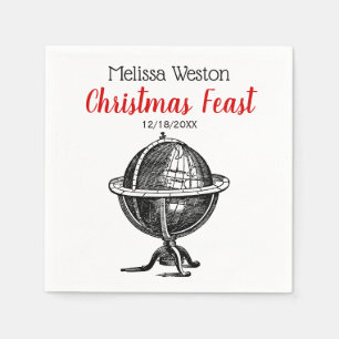 Vintage World Globe Lithograph Drawing BW Napkin