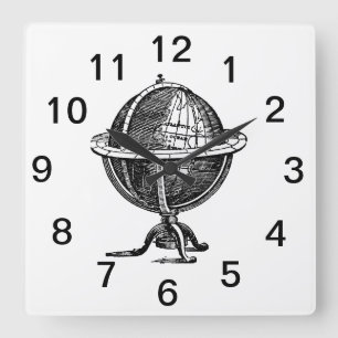Vintage World Globe Lithograph Drawing BW Square Wall Clock