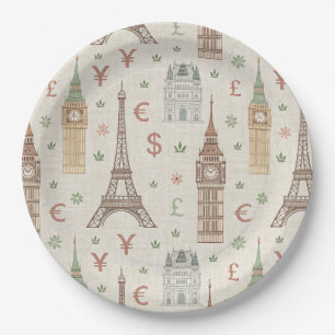 Vintage World Landmarks Travel Sketch (1) Paper Plate