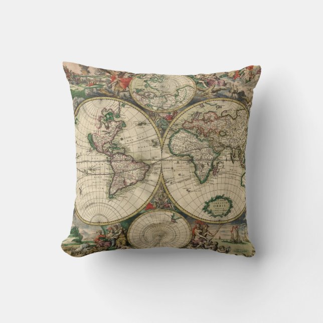 Vintage World Map 1689 Cushion (Front)