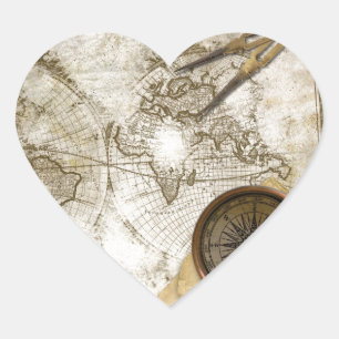 Vintage World Map And Tools Heart Sticker