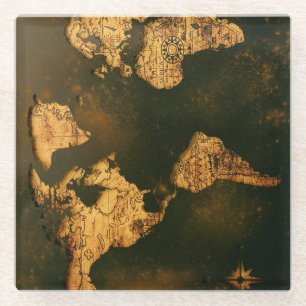 Vintage World Map Antique Cartography Art Glass Coaster