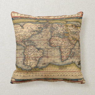 Vintage World Map by Abraham Ortelius 1564 Cushion