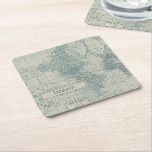 Vintage World Map customise your own name Square Paper Coaster
