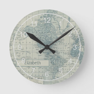 Vintage World Map customize your own name Round Clock