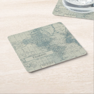Vintage World Map customize your own name Square Paper Coaster