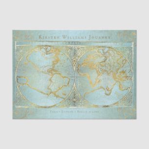 Vintage World Map Gold Blue Monogram Name Tissue Paper