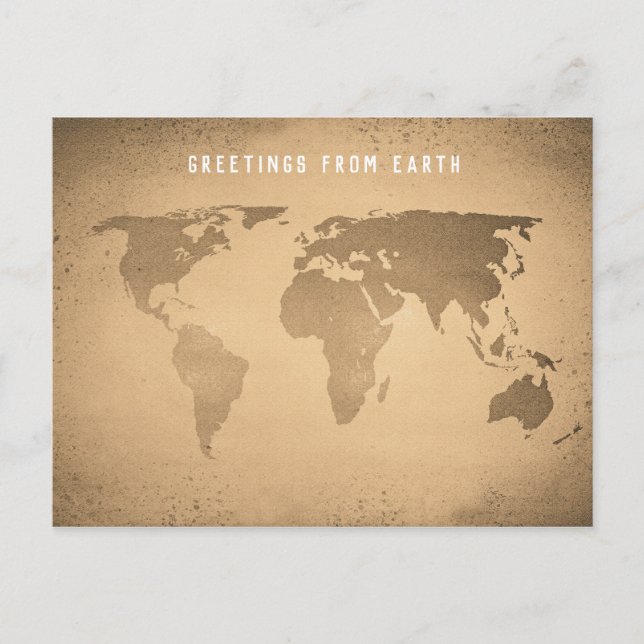 Vintage world map, greetings from earth postcard (Front)