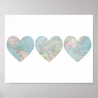 Vintage World Map Hearts Poster