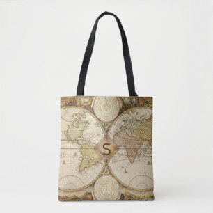 Vintage World Map Monogram Tote Bag