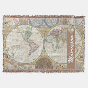 Vintage World Map - Personalised Family Name Throw Blanket