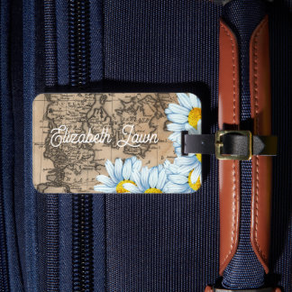 Vintage World Map Personalised Floral Luggage Tag