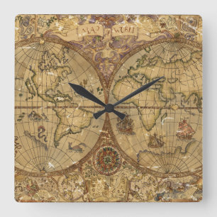 Vintage World Map Square Wall Clock