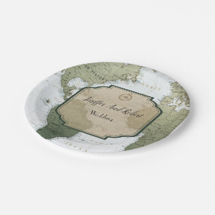 Vintage world map travel themed wedding paper plate