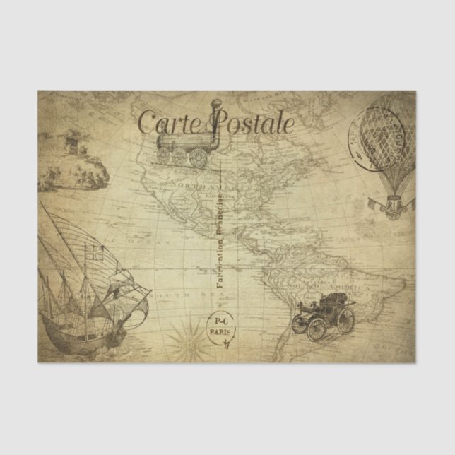 Vintage World Map Travel with Transport French Tissue Paper (Front)