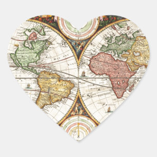 Vintage World Map Two Hemispheres Antique Rare Art Heart Sticker
