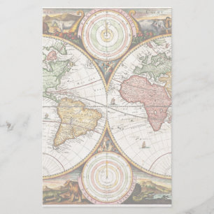 Vintage World Map Two Hemispheres Rare Antique Art Stationery